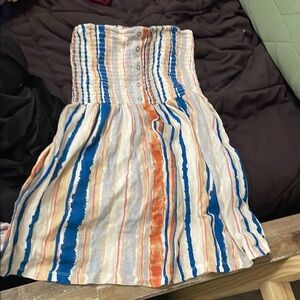 Vintage Striped Strapless Dress with Blue and Orange Accents